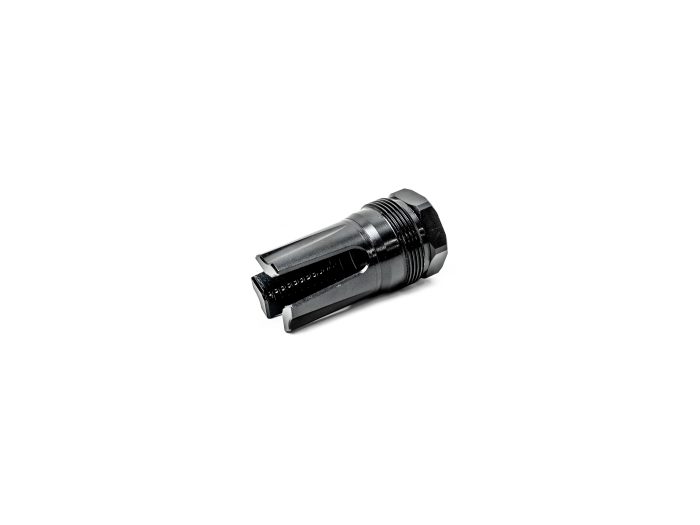 Black metal firearm muzzle device on white background
