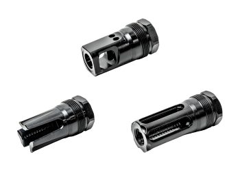 Three black firearm muzzle devices displayed on a white background.