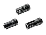 Three black firearm muzzle devices displayed on a white background.