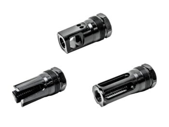 Three black firearm muzzle devices displayed on a white background.