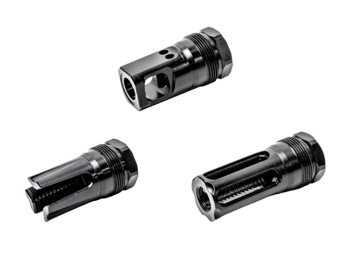 Three black firearm muzzle devices displayed on a white background.