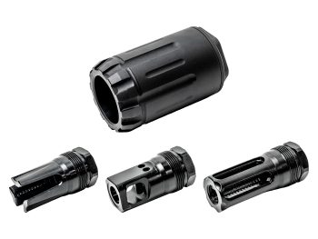 Four black firearm muzzle devices displayed on a white background.