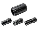 Four black firearm muzzle devices displayed on a white background.