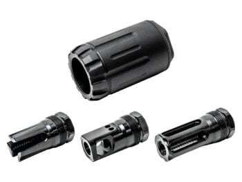 Four black firearm muzzle devices displayed on a white background.