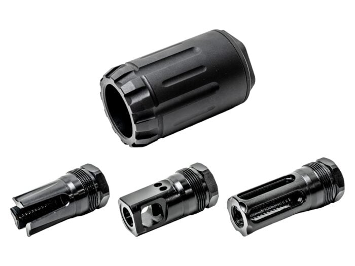 Four black firearm muzzle devices displayed on a white background.