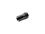 Black metal firearm muzzle device on white background