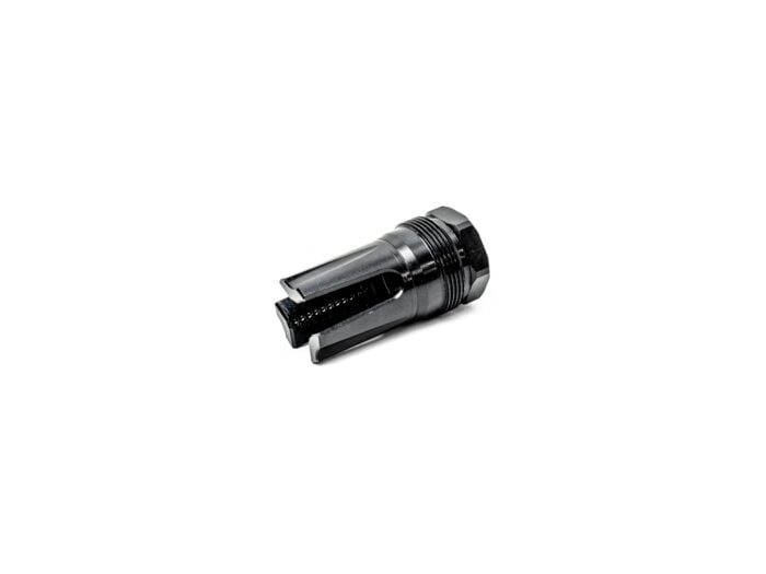 Black metal firearm muzzle device on white background