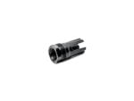 Black metal firearm muzzle device on a white background