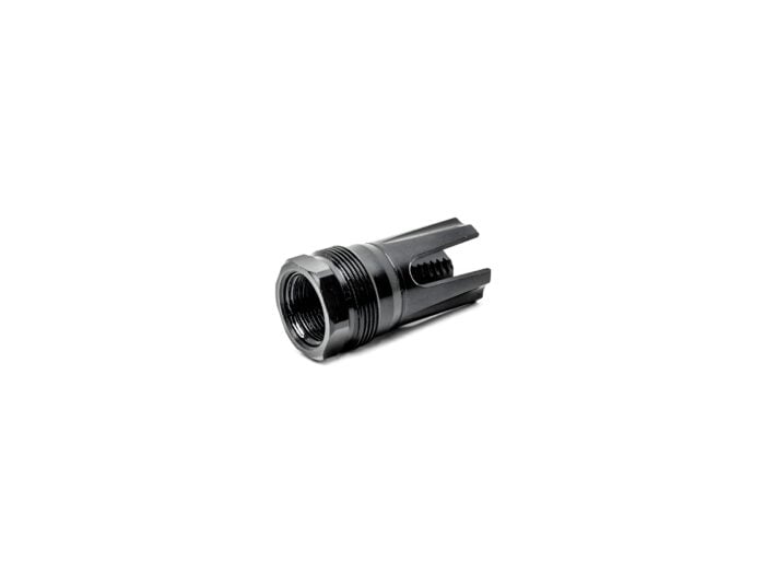 Black metal firearm muzzle device on a white background