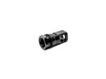 Black metal firearm muzzle device on a white background
