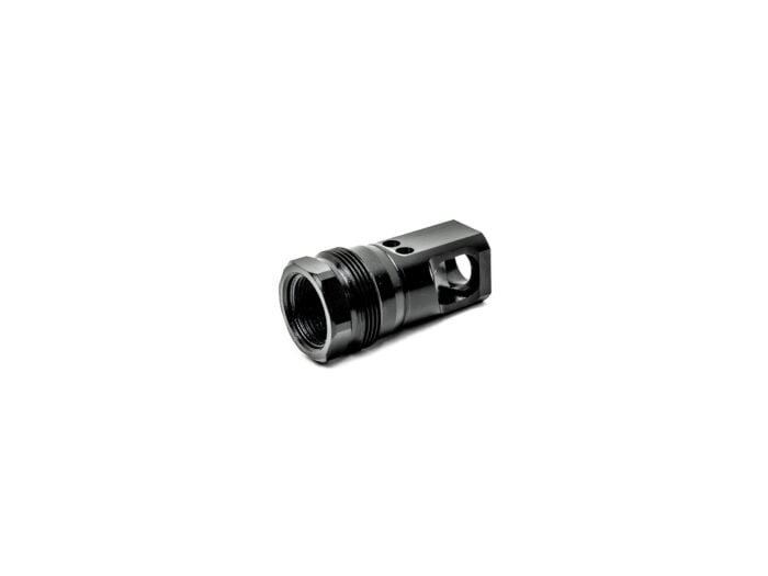 Black metal firearm muzzle device on a white background