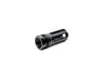 Black metal firearm muzzle device on a white background