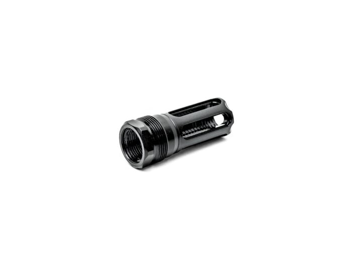 Black metal firearm muzzle device on a white background