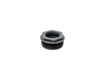 Black threaded metal adapter on white background