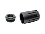 Two black threaded metal parts likely firearm accessories on a white background.
