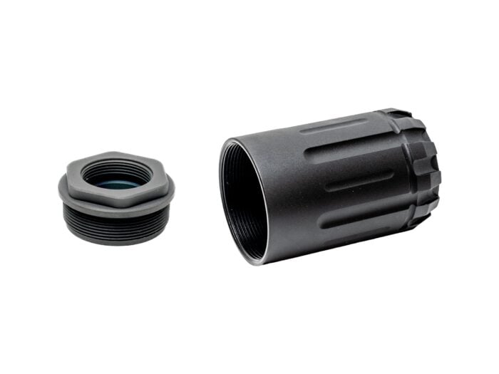 Two black threaded metal parts likely firearm accessories on a white background.
