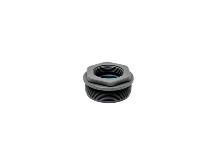 Black threaded metal adapter on white background