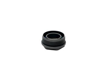 Black threaded metal adapter on white background