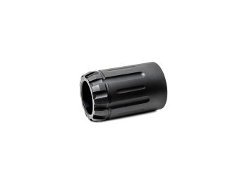 Black metal cylindrical product with grooves viewed on a white background.
