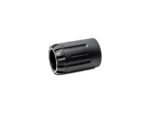 Black metal cylindrical product with grooves viewed on a white background.