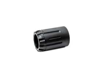 Black metal cylindrical product with grooves viewed on a white background.