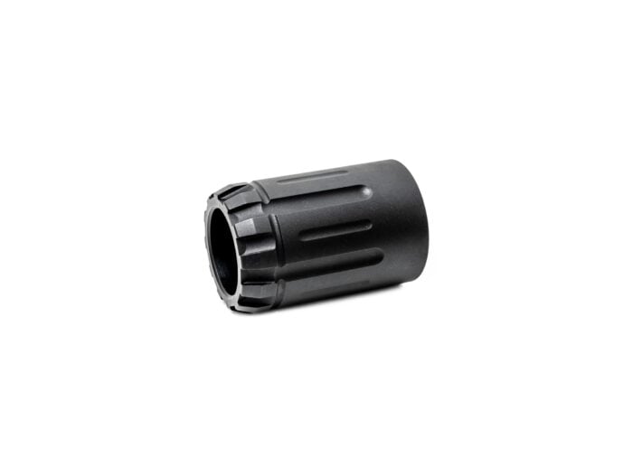 Black metal cylindrical product with grooves viewed on a white background.