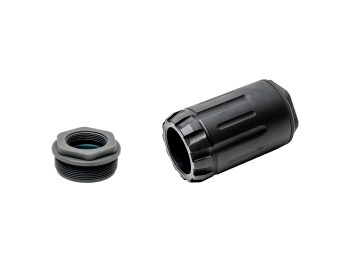 Two black metal firearm components on a white background.