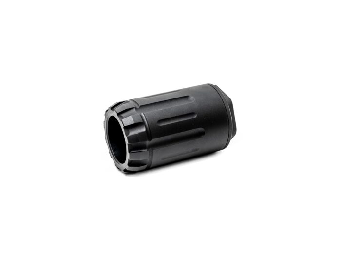 Black cylindrical firearm accessory likely a muzzle device on a white background.