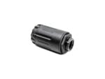 Black cylindrical firearm accessory with threaded end on white background