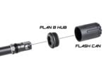 Exploded view of a firearm muzzle device with Plan B Hub and Flash Can components.