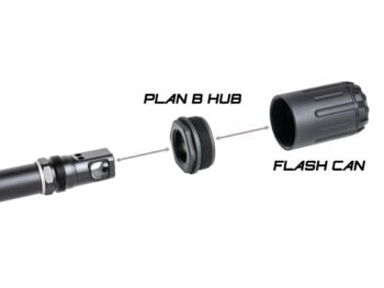 Exploded view of a firearm muzzle device with Plan B Hub and Flash Can components.