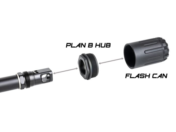 Exploded view of a firearm muzzle device with Plan B Hub and Flash Can components.