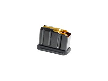 A metal rifle magazine loaded with ammunition on a white background.