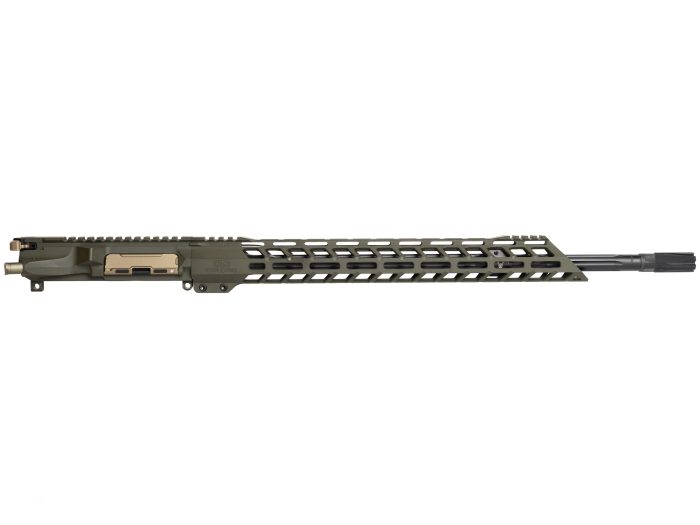 AR-style rifle upper receiver with handguard and barrel olive drab and tan components isolated on white background.