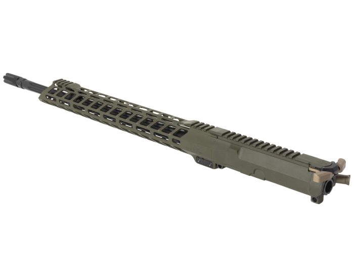 Olive green rifle upper receiver assembly with handguard and barrel on white background.