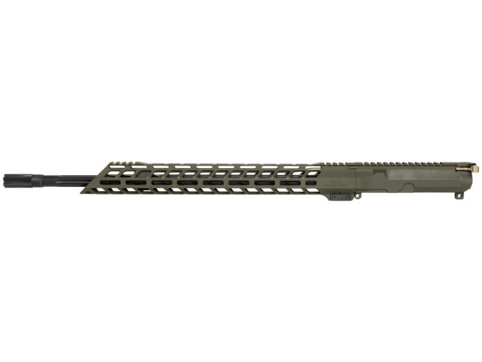Olive green rifle upper receiver with a long ventilated handguard shown on a white background.
