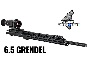 6.5 Grendel rifle with scope and Predator Thermal Optics logo.