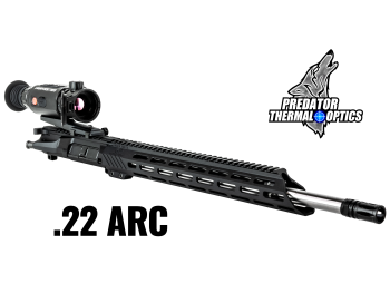 Rifle with mounted thermal optic scope labeled .22 ARC and Predator Thermal Optics logo.