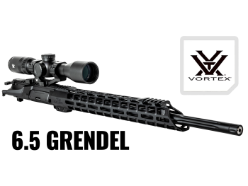 6.5 Grendel rifle with Vortex scope and Vortex logo in the corner