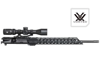 Black rifle upper with scope and Vortex logo on a white background.