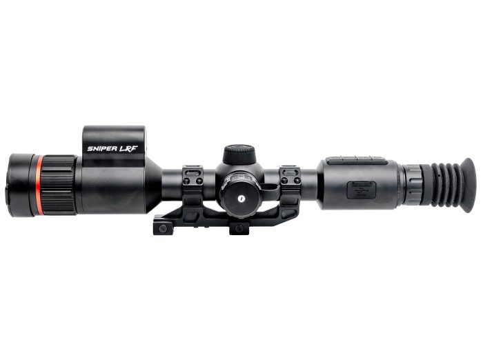 Side view of a sniper rifle scope labeled 'SNIPER LRF' with mounting bracket