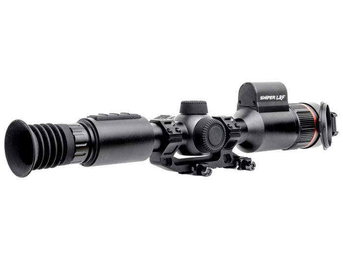 Tactical rifle scope with mount featuring adjustment knobs and marked SNIPER LRF on the side.