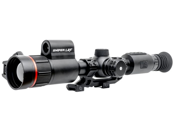 Close-up of a sniper rifle scope labeled SNIPER LRF showing adjustment knobs and mounting rail.