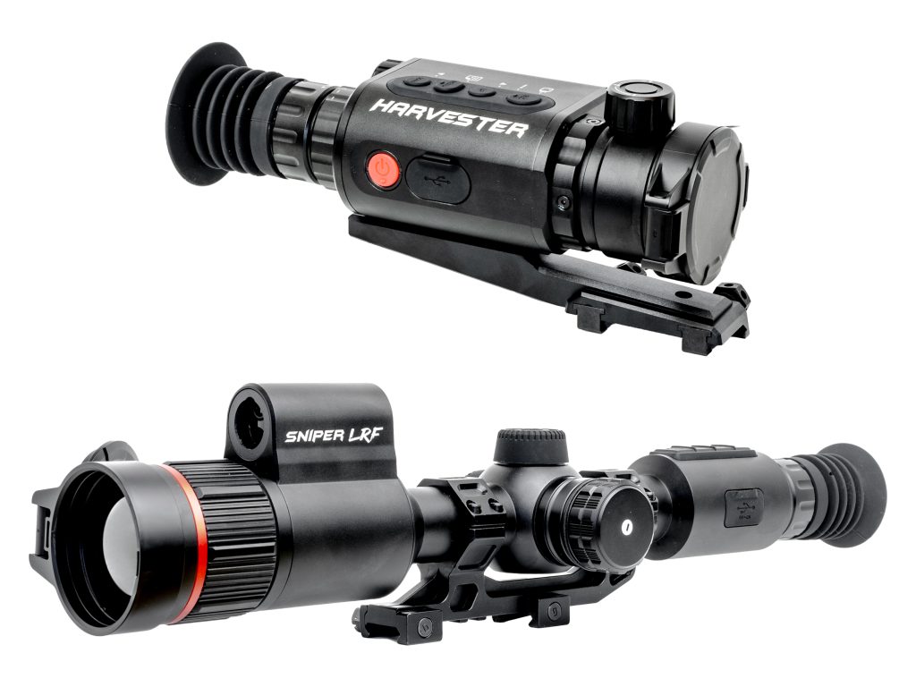 Two rifle scopes one labeled HARVESTER and the other SNIPER LRF shown on a white background.