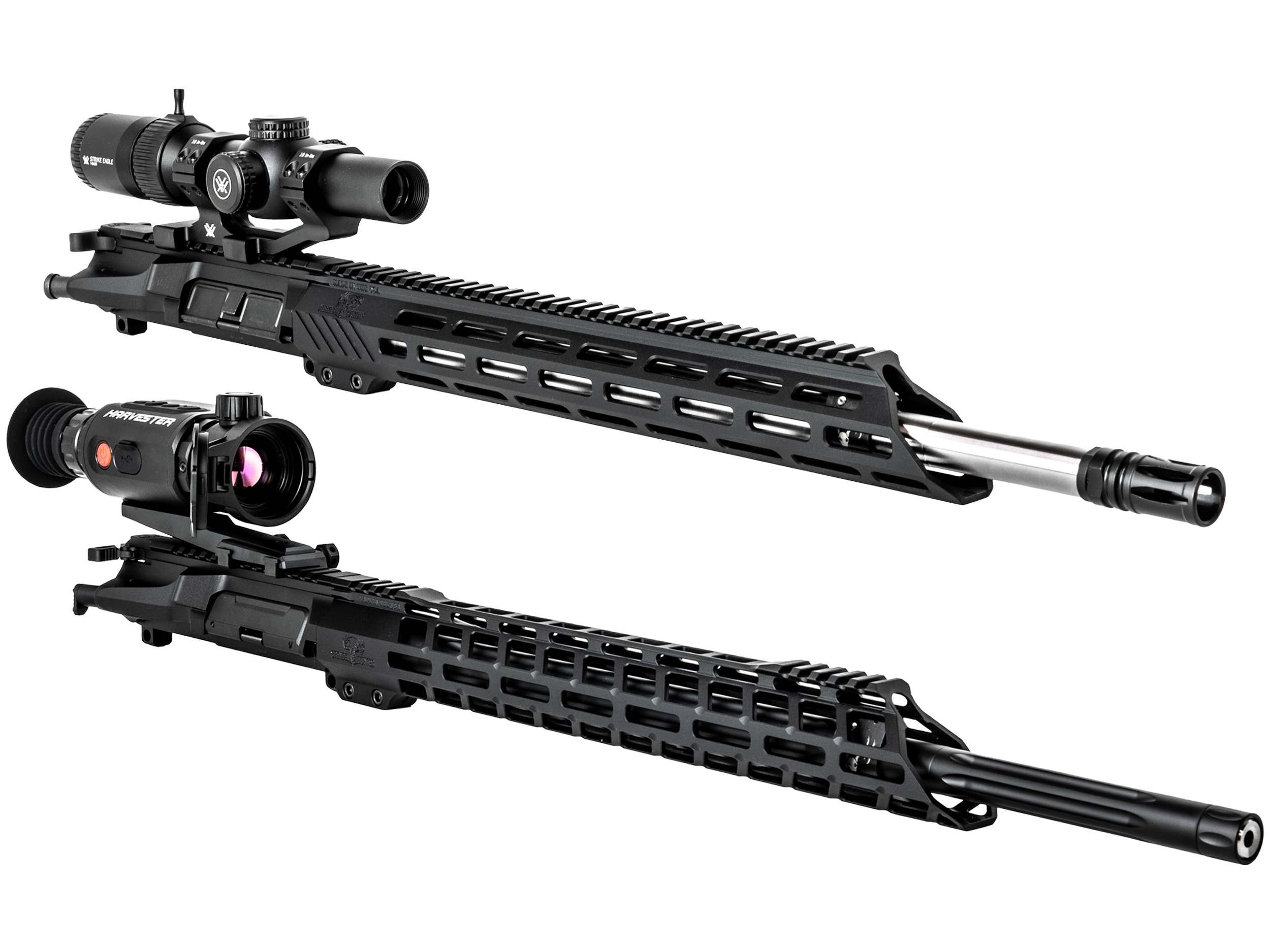 Two rifle upper receivers with scopes shown side by side on a white background.