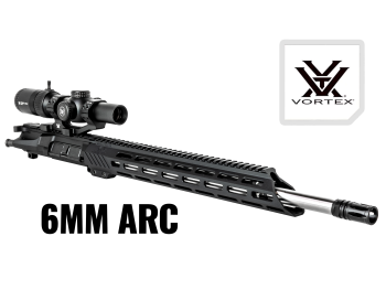 6MM ARC rifle with Vortex scope and Vortex logo on a white background