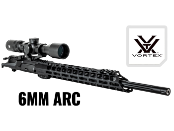Black rifle upper with mounted Vortex scope and 6MM ARC label