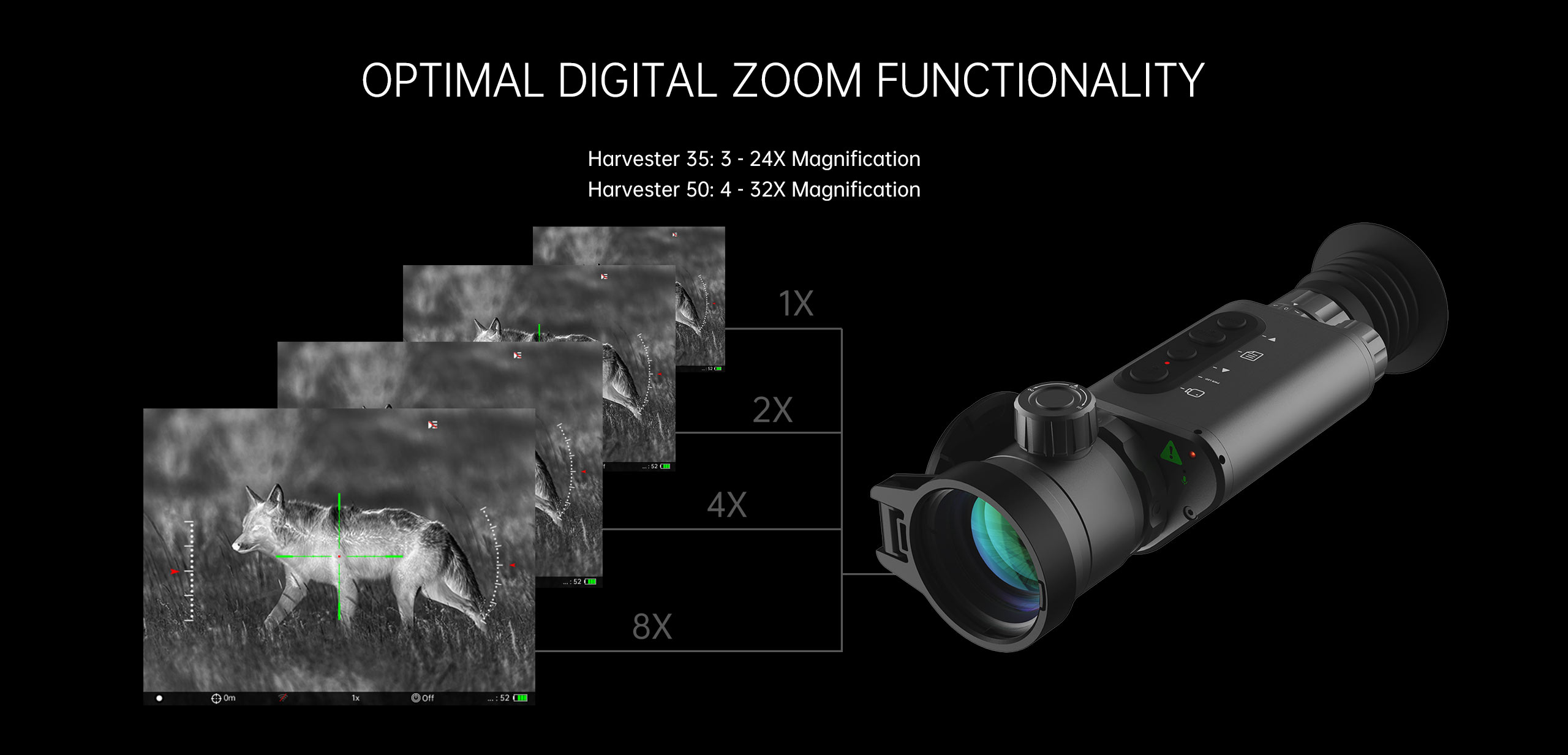 Digital zoom demonstration with a thermal scope and magnification levels from 1X to 8X.