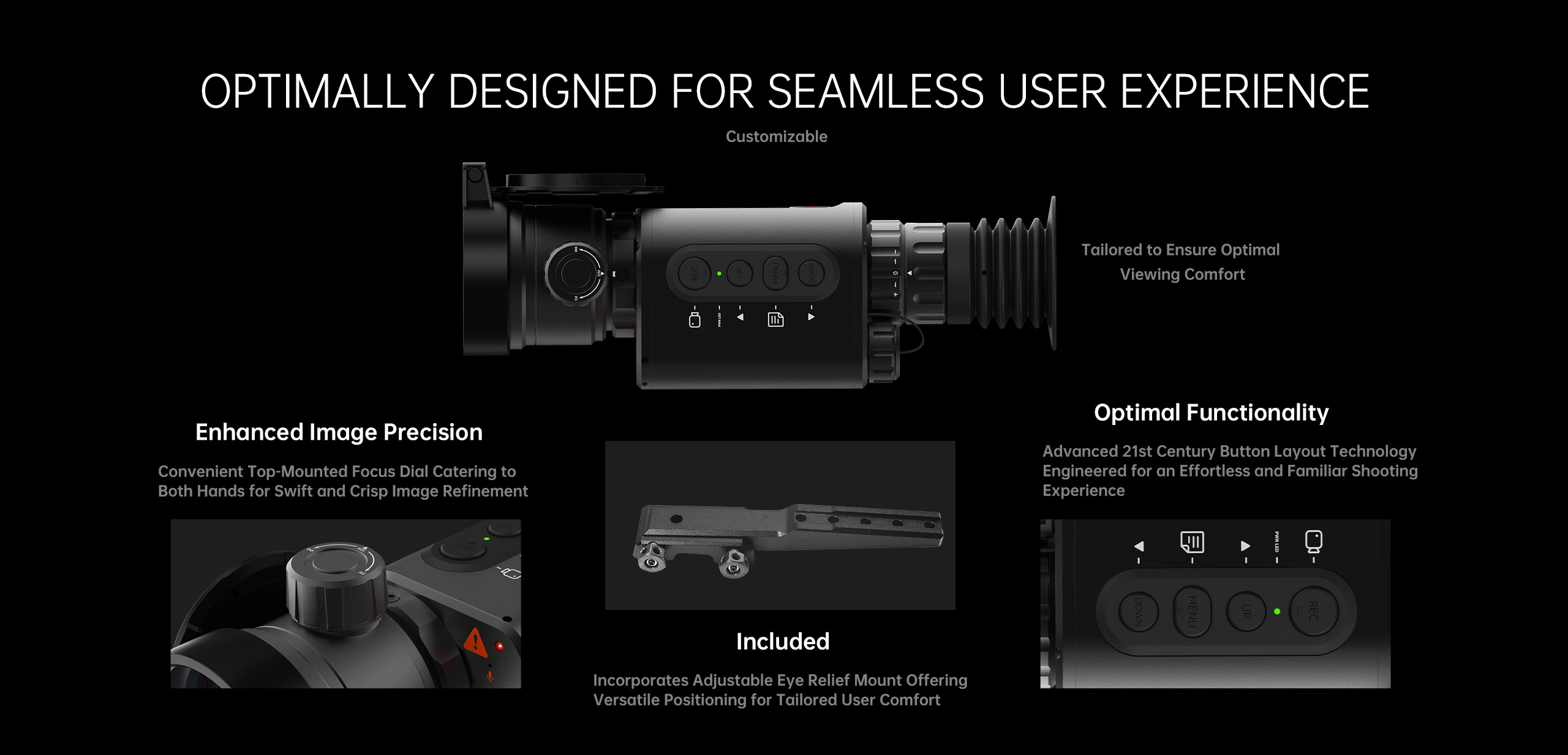 Tactical scope device with labeled buttons and detailed feature descriptions on black background.