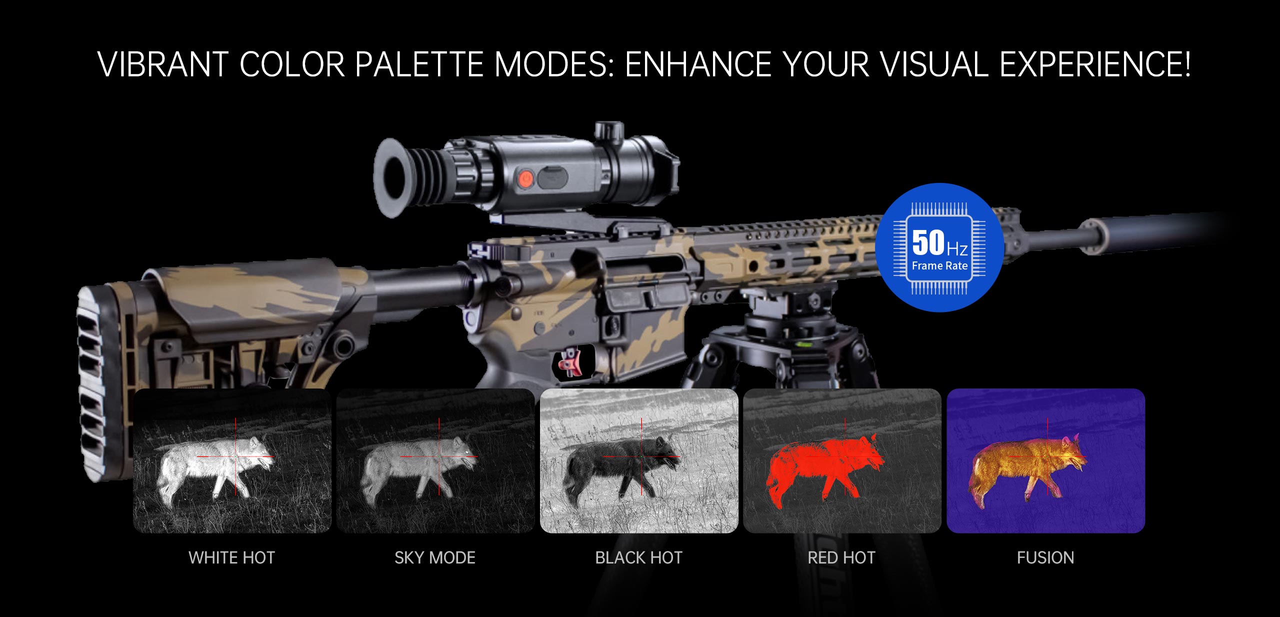 Thermal riflescope mounted on camo rifle with five color palette display modes for enhanced visuals.